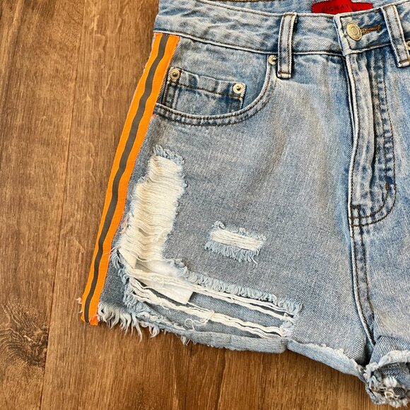 Signature 8 | Ultra High Rise Orange Reflective Distressed Jean Shorts Sz S - Picture 3 of 8